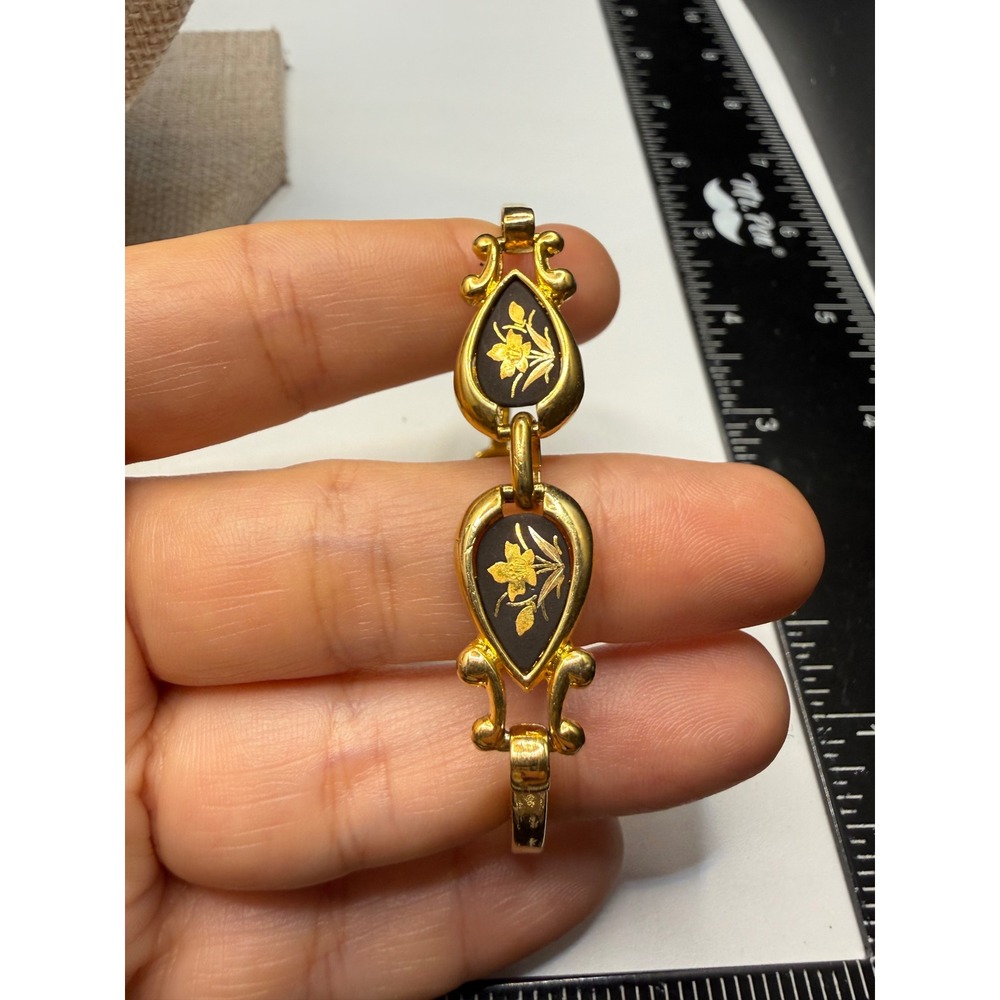 Vintage‎ Damascene Style Gold Tone Floral Teardrop Bangle Bracelet Black Gold